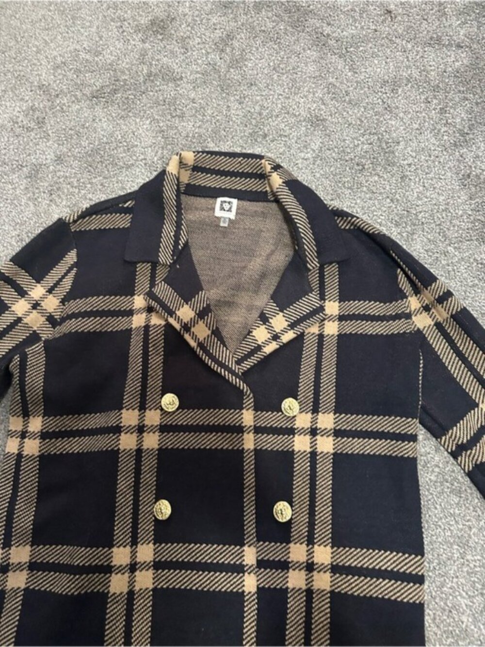 Anne Klein XL Plaid Cardigan Coat Navy Tan Gold Button Old Money Preppy Fall - Picture 6 of 13